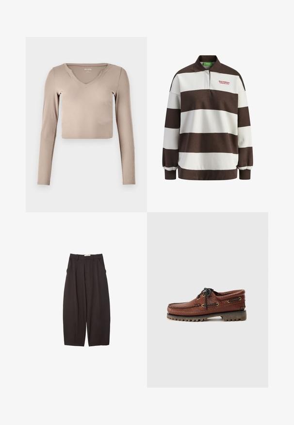 Hnědo-bílý pruhovaný svetr s límečkem, na kterém je vyšitý nápis "SAN DIEGO California 1975" v červené barvě. Měkký bavlněný materiál.; Dlouhý rukáv, zkrácený top z světle béžového ribbového materiálu s výstřihem do V a minimálními švy na límci.; Černé široké kalhoty vyrobené z hladkého materiálu, s vysokým pasem, předními sklady a bočními kapsami. Jednoduchý design bez ozdob.; Hnědé kožené lodní boty s texturovaným svrškem, černým šněrováním a zlatými očka. Obsahují odolnou, vroubkovanou gumovou podrážku.
