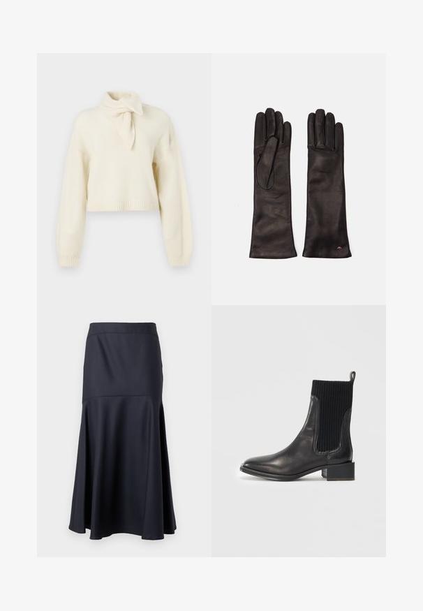 Lühendatud kreemjas sviiter kõrge kaelusega ja lipsudetailiga, valmistatud pehmest kangast. Omab soonikuga mansette ja äärt.; Must mustre A-lain seeliku must, koos õmblusdetailiga puusade all, laienev alla hemmi suunas, esitatud neutraalsel taustal.; Musthave musta nahast pahkluboot, millel on ribaga must elastne paneel, ruudukujuline nina ja madal plokknõel. Sile tekstuur minimaalsete õmblusteta detailidega.; Weekend Max Mara SENAPE - Sõrmkindad - nero