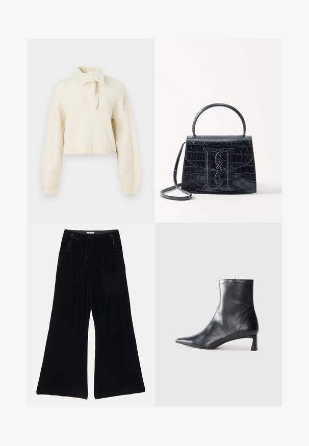 Kratā krēmkrāsas džemperī ar augstu apkakli un saišu detaļām, izgatavots no mīksta auduma. Iezīmē ribota adījuma piedurknes un apakšmalu.; Melni zīda plaša kāja bikses ar gludu tekstūru, aprīkotas ar pielāgotu jostasvietu un priekšējām kabatām, izceļot plecu dizainu.; Melnas ādas potītes zābaki ar norādītu pirkstu un elegantu dizainu. Iezīmē zemu papēdi un rāvējslēdzēja aizdari aizmugurē. Gluda tekstūra.; Melnas krokodila rakstā izgatavota ādas rokassoma ar strukturētu dizainu, augšējo rokturi, regulējamu siksnu un izteiktu priekšējo logotipa detaļu.
