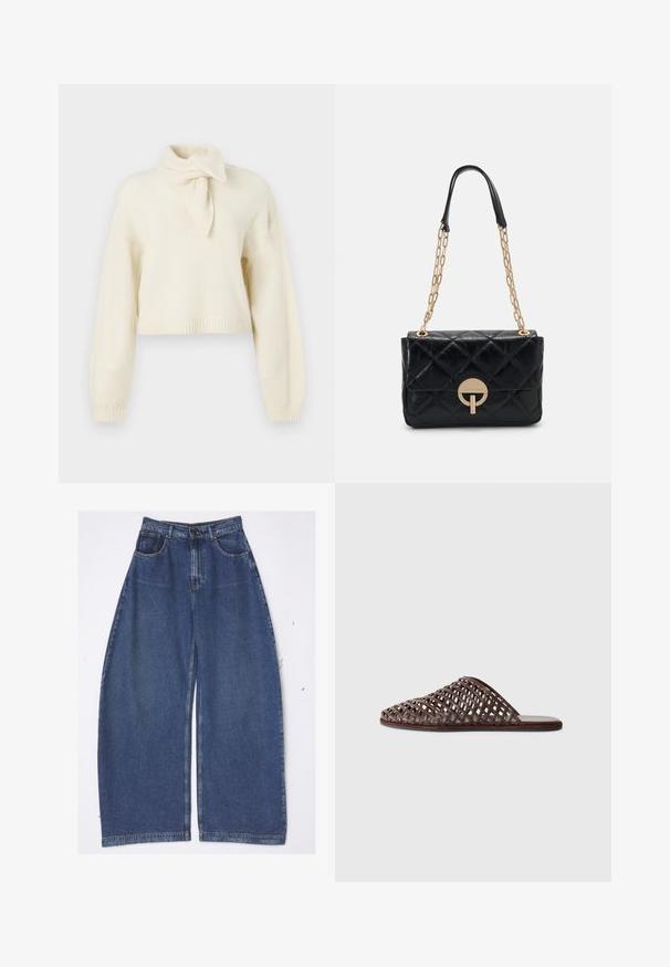Pulover scurt, crem, cu gât înalt și detaliu cu fundă, realizat dintr-un material moale. Are manșete și tiv cu model ciuruit.; A.W.A.K.E. MODE RECYCLED ROUNDED - Blugi loose fit - blue; Sandale tip slide împletite, de culoare maronie, cu vârf rotund, design deschis, talpă plată și suprafață texturată. Material ușor și siluetă minimalistă.; Geantă din piele quilted neagră cu o curea din lanț auriu, având un detaliu circular pentru închidere. Formă compactă și rectangulară, cu o textură netedă.