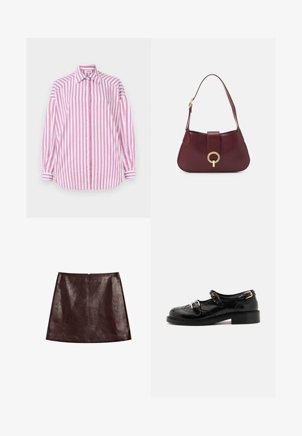 Black ribbed knit long-sleeve polo shirt with collar, four silver buttons, and a small chest pocket with subtle embroidered logo.; Striped shirt with pink and white vertical lines, long sleeves, classic collar, button-up front, and a curved hem. Cotton material.; Burgundy leather A-line skirt with a smooth, glossy texture. Features a concealed back zipper and a clean, streamlined design.; Black leather shoes with brogue detailing, featuring two buckle straps, a rounded toe, and a low heel. Smooth texture with shiny finish.; Burgundy leather handbag with a curved shape, a gold circular hardware accent, and a single shoulder strap. Smooth texture, minimalist design.