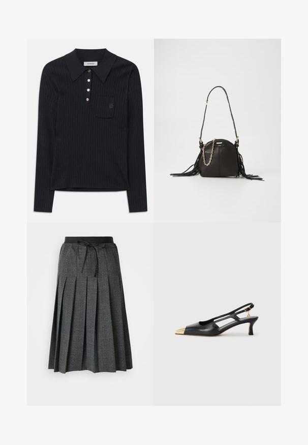Polo a maniche lunghe in maglia a coste nera con colletto, quattro bottoni argentati e una piccola tasca sul petto con un logo ricamato discreto.; Gonna grigia a pieghe con un motivo a quadri testurizzato, dotata di una cintura elastica nera e di un dettaglio decorativo a fiocco sul davanti.; Scarpe slingback in pelle nera con punta affusolata e tacco metallico dorato. Presentano un design con ritagli e un tacco sottile con cinturino regolabile.; Borsa a tracolla in pelle nera con una forma arrotondata, dotata di dettagli in frange, una lunga tracolla e una decorazione in catena dorata.