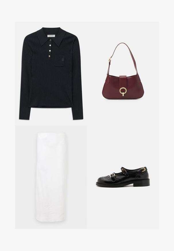 Zwarte geribbelde gebreide langemouwen poloshirt met kraag, vier zilveren knopen en een klein borstzakje met een subtiel geborduurd logo.; Witte, knie-lange rok van gladde stof. Heeft een eenvoudig, recht ontwerp met een elastische tailleband. Geen zichtbare patronen of accenten.; Zwarte leren schoenen met brogue-details, voorzien van twee gespsluitingen, een ronde neus en een lage hak. Glad oppervlak met een glanzende afwerking.; Bordeaux leren handtas met een gebogen vorm, een gouden cirkelvormige hardware accent en een enkele schouderband. Zachte textuur, minimalistisch ontwerp.