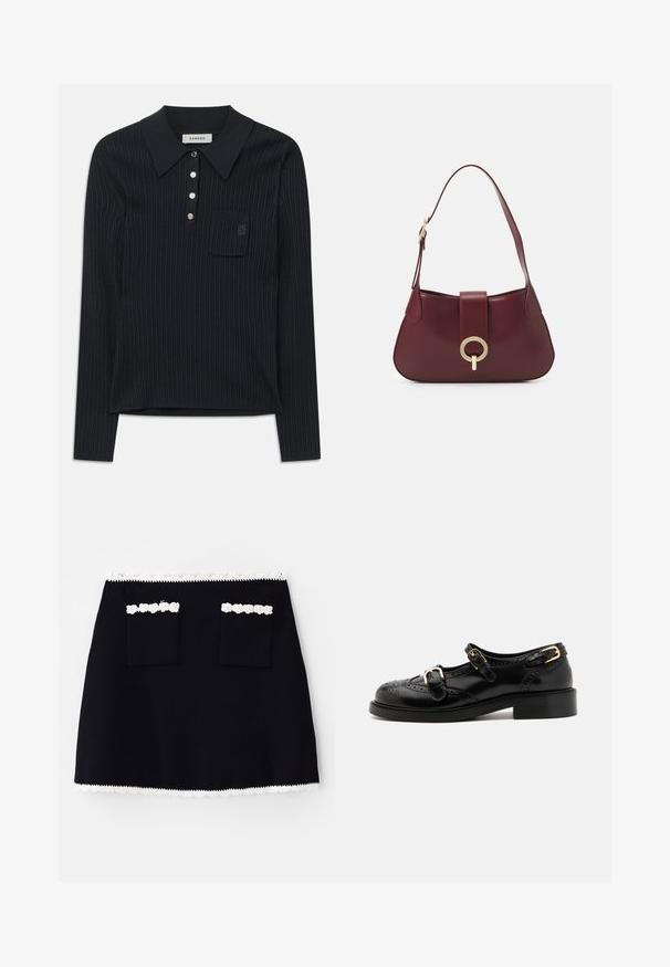 Schwarzes geripptes Strick-Polohemd mit langen Ärmeln, Kragen, vier silbernen Knöpfen und einer kleinen Brusttasche mit dezentem gesticktem Logo.; Schwarze Rock mit einem weißen Spitzenbesatz am Saum, versehen mit zwei Vordertaschen, die mit Spitzenakzenten verziert sind. Glatte Textur, A-Linien-Form.; Schwarze Lederschuhe mit Broguedetails, ausgestattet mit zwei Schnallenriemen, einer abgerundeten Zehenpartie und einem flachen Absatz. Glatte Textur mit glänzendem Finish.; Burgunderfarbene Lederhandtasche mit geschwungener Form, einem goldenen, runden Hardware-Akzent und einem einzigen Schultergurt. Glatte Textur, minimalistisches Design.