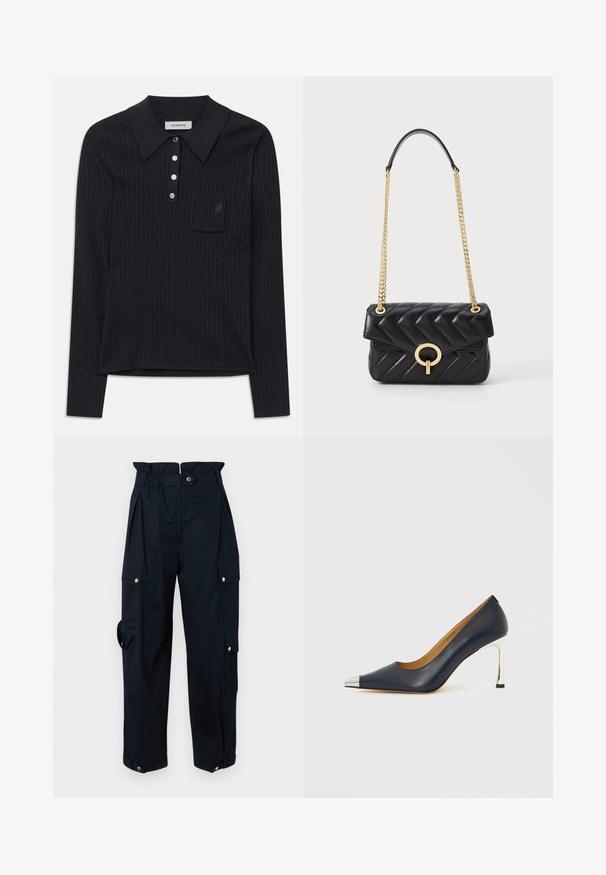 Svart ribbet strikket langermet polo-skjorte med krage, fire sølvknapper og en liten brystlomme med subtilt brodert logo.; Mørkeblå cargo-bukser med høyt liv, flere sidelommer og gull detaljer. Laget av et slitesterkt stoff med en glatt tekstur.; Marineblå høyhælte skinnsko med spiss tå, som har en sølvfarget metallhatt og en blank sølvfarget stiletthæl.; Svart quilted skinnveske med en gullkjede-rem, har en rund gullspenne og klaff-lukking. Kompakt rektangulær form.