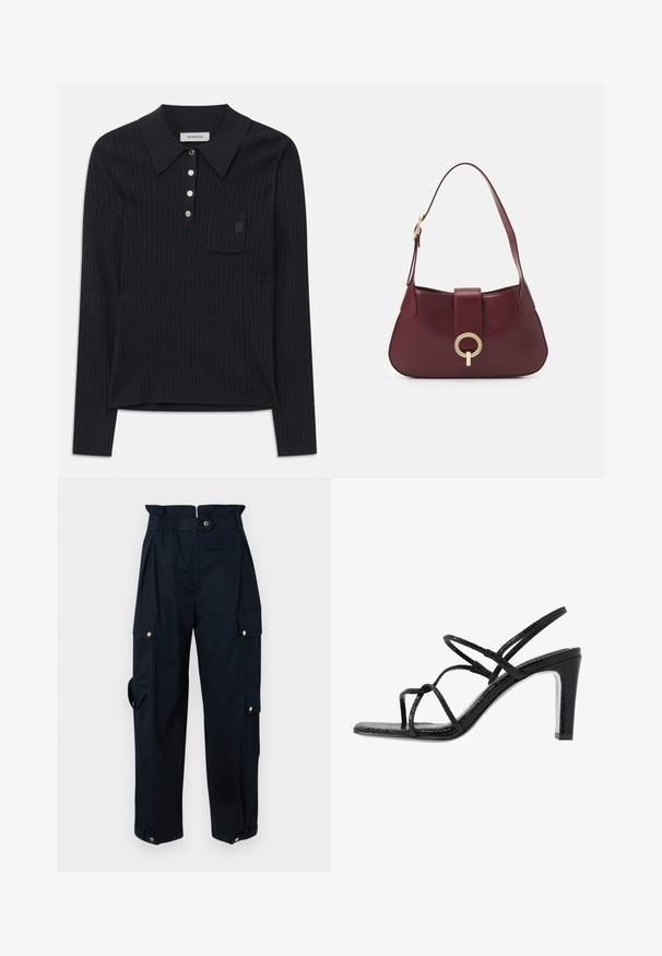 Mustmust mustriba kootud pikee särgiga, millel on pikad varrukad, krae, neli hõbedast nööpi ja väike rinnatasku, kus on diskreetne tikitud logo.; Tumesinised cargo püksid, millel on kõrge vöökoht, mitmed küljetaskud ja kuldsed detaile. Valmistatud vastupidavast kangast, millel on sile tekstuur.; Mustad mustekad jalanõud õhukeste rihmadega, tekstuuritud pinnaga, avatud varba ja libiseva, terava kontsaga disain. Omab sileda sisesooli ja läikivat pinda.; Burgundia nahast käekott kumerate joontega, kuldse ümmarguse metallosaga ja ühe õlavarre rihmaga. Sile tekstuur, minimalistlik disain.