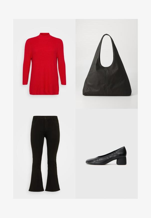 Rød ribbestrikket genser med høy hals, lange ermer og rett snitt. Myk tekstur, ingen mønstre eller hardware-detaljer.; Sorte utsvingte jeans laget av bomullsstoff, med en knappelukking, fem lommer og en glatt tekstur. Tilpasset passform med en utsvingt silhuett.; Sorte lærpumps med rund tå og mellomstor blokkhæl. Glatt tekstur med minimalt med detaljer, og har en subtil elastisk åpning.; Svart lær totebag med en buet håndtak, langstrakt trekantet form og glatt tekstur. Har et minimalistisk design uten synlig maskinvare.; Sølvmetall øredobber med et bølgete, skulpturelt design, preget av en polert finish og uregelmessige former, som fremhever en moderne estetikk.