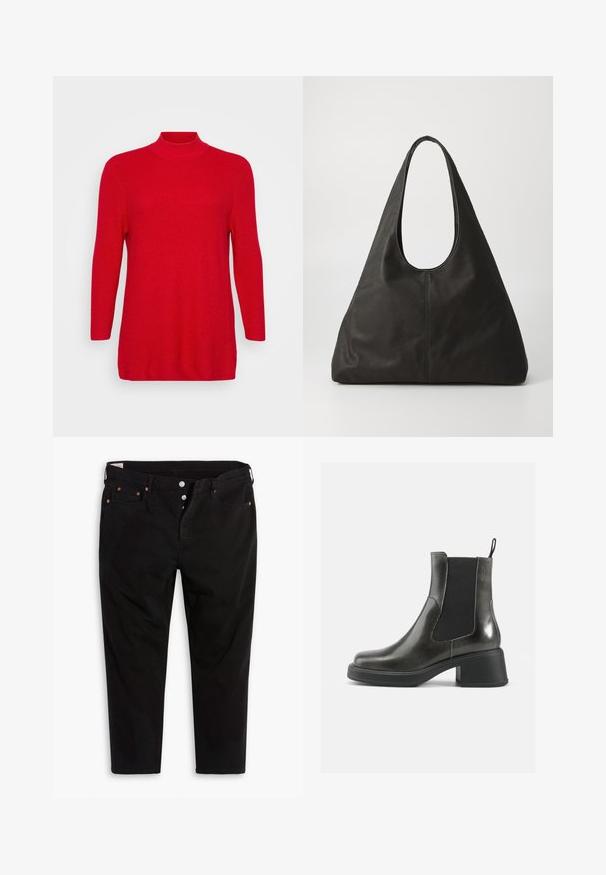 Red ribbed knit sweater with a high neck, long sleeves, and a straight cut. Soft texture, no patterns or hardware details.; Black denim pants with a straight-leg design. Features five pockets, metal button closures, and orange stitching accents. Cotton material.; Black leather ankle boots with a smooth finish, elastic side panels, and a chunky heel. Features a pull tab for easier wear.; Black leather tote bag with a curved handle, elongated triangular shape, and smooth texture. Features minimalist design with no visible hardware.; Silver metal earrings with a wavy, sculptural design featuring a polished finish and irregular shapes, highlighting a contemporary aesthetic.