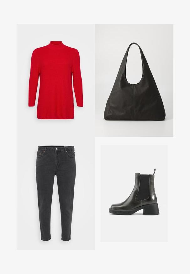 Röd ribbad stickad tröja med hög krage, långa ärmar och rak skärning. Mjuk textur, inga mönster eller hårdvarudetaljer.; Slim-fit svarta denimjeans med framknapp och dragkedja, bälteshällor och fem fickor, visade på en enkel ljus bakgrund.; Svarta läderankelboots med en slät yta, elastiska sidopaneler och en kraftig klack. Har en dragflik för enklare påtagning.; Svart läder tote-väska med ett böjt handtag, avlång triangulär form och slät yta. Har en minimalistisk design utan synlig utrustning.; Silverfärgade metallörhängen med en vågig, skulptural design som har en polerad yta och oregelbundna former, vilket framhäver en samtida estetik.