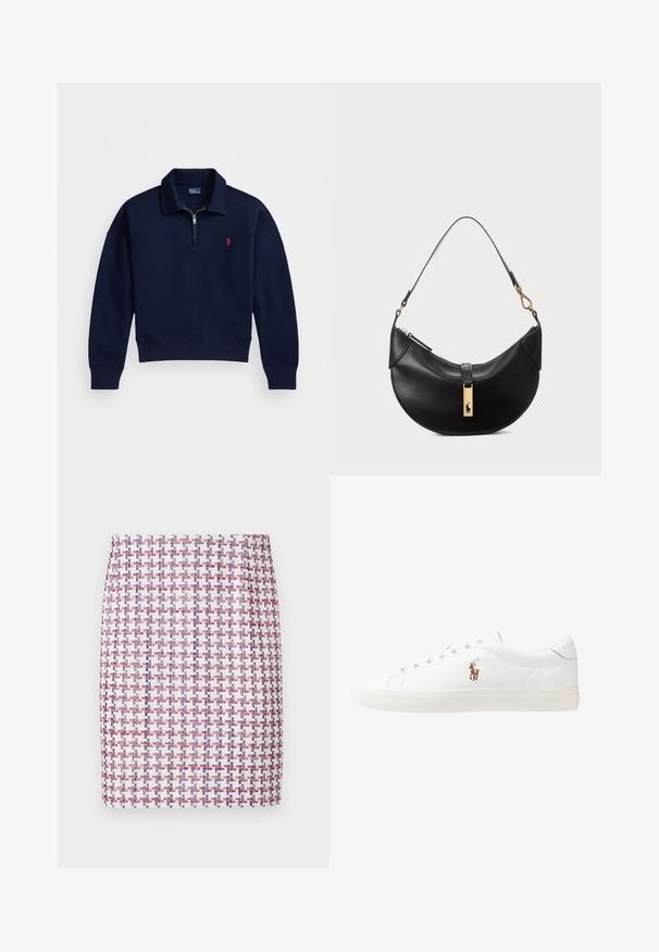 Meriino navy-pullo, joka on valmistettu pehmeästä puuvillasta. Siinä on ribattu kaulus, hihansuut ja helma, sekä pieni punainen logo rinnassa.; Kudotut hameet punaisessa, valkoisessa ja sinisessä ruudullisessa kuosissa, joissa on suora muotoilu ja sileä rakenne, sekä keski-korkea vyötärö.; Valkoiset nahkakengät, matala malli, jossa on sileä pinta, pyöreä kärki, nauhakiinnitys edessä ja pieni brodeerattu logo sivulla.; Musta nahkalaukku puolikuun muotoisena. Varustettu kultaisilla yksityiskohdilla ja kapealla hihnalla. Tasainen pinta, vetoketjukiinnitys ylhäällä.