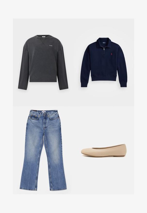 Ναυτικό pullover με φερμουάρ μέχρι το μισό, φτιαγμένο από μαλακό βαμβάκι, με ραμμένο γιακά, μανσέτες και στρίφωμα, και με ένα μικρό κόκκινο λογότυπο στο στήθος.; CLOSED CREWNECK LONGSLEEVE - Μπλούζα με μακριά μανίκια - black; RE/DONE LOOSE - Τζιν Bootcut - hacienda; Μπεζ δερμάτινη μπαλαρίνα με στρογγυλή μύτη, ελάχιστες ραφές, χαμηλό τακούνι και διακριτό λογότυπο στο πίσω μέρος. Λείο, ματ υφή.