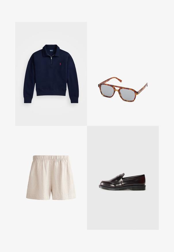 Pullover navy a mezza zip realizzato in morbido cotone, con colletto, polsini e orlo a coste, e un piccolo logo rosso sul petto.; Shorts in lino beige chiaro con una vita elastica, caratterizzati da una vestibilità ampia e un orlo semplice. Texture liscia con una finitura naturale sottile.; Mocassini in pelle bordeaux con superficie liscia, dettaglio cucitura rialzata e suola in gomma. Progettati con una punta arrotondata e hardware minimale.; Occhiali da sole in plastica con motivo tartarugato, lenti grigie rettangolari e aste sottili. Presentano un design minimalista con un taglio sul ponte.; Borsa a tracolla in pelle marrone con forma arrotondata, texture liscia e doppi manici. Presenta un accento in hardware dorato al centro.; Bracciale a manica in metallo con finitura dorata, caratterizzato da un design ondulato, con superfici lisce e una texture lucida e riflettente. Nessun motivo o decorazione visibile.