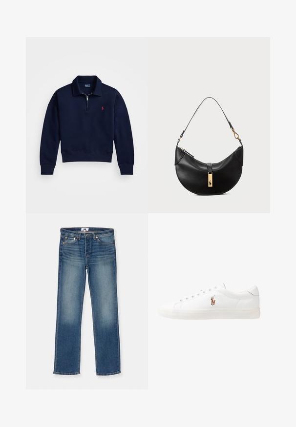 Tumesinine neljandik-zip pullover pehmest puuvillast, millel on ribitud krae, varrukasukad ja äär, ning rinnal väike punane logo.; RE/DONE THE ANDERSON - Sirgete säärtega teksad - ladysmith; Valged nahast tossud, madala ülaservaga disain, millel on sile tekstuur, ümar varvas, nööridega esiosa ja väike tikand logoga küljel.; Must musträik maximum ümmargune nahk kott. Omab kuldse metallist aksessuaari ja kitsast rihma. Sile tekstuur, lukuga sulgemine üleval.