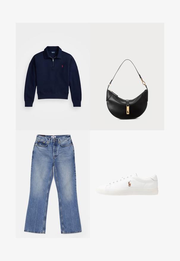 Meriino navy-pullo, joka on valmistettu pehmeästä puuvillasta. Siinä on ribattu kaulus, hihansuut ja helma, sekä pieni punainen logo rinnassa.; RE/DONE LOOSE - Bootcut-farkut - hacienda; Valkoiset nahkakengät, matala malli, jossa on sileä pinta, pyöreä kärki, nauhakiinnitys edessä ja pieni brodeerattu logo sivulla.; Musta nahkalaukku puolikuun muotoisena. Varustettu kultaisilla yksityiskohdilla ja kapealla hihnalla. Tasainen pinta, vetoketjukiinnitys ylhäällä.