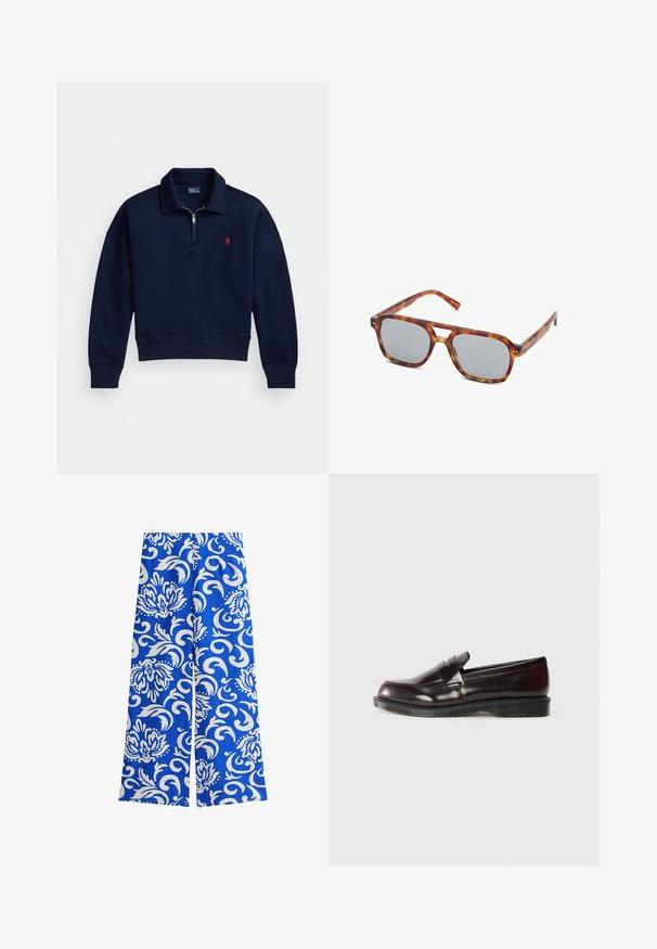 Marine blauw quarter-zip pullover van zachte katoen, met een geribde kraag, boorden en zoom, en een klein rood logo op de borst.; Blauwe wijde broek met een bloem- en swirls witte print, gemaakt van lichtgewicht stof met een gladde textuur en een losse pasvorm.; Bordeaux leren loafers met een gladde oppervlakte, een verhoogde randdetail en een rubberen zool. Ontworpen met een ronde neus en minimale hardware.; Plastic zonnebril met een schildpadpatroon, rechthoekige grijze lenzen en slanke poten. Heeft een minimalistisch ontwerp met een bruguitsparing.; Bruine leren tote bag met een ronde vorm, een gladde textuur en dubbele schouderbanden. Kenmerkt zich door een gouden hardware accent in het midden.; Goudkleurige metalen armband met een golvend ontwerp, met gladde oppervlakken en een glanzende, reflecterende textuur. Geen zichtbare patronen of accenten.