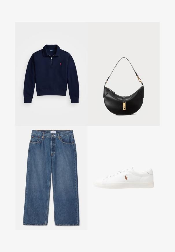 Pólvora de media cremallera en color azul marino, fabricada en suave algodón, con un cuello, puños y dobladillo de canalé, y un pequeño logotipo rojo en el pecho.; RE/DONE LOOSE CROP - Vaqueros boyfriend - peyote flow; Zapatillas de cuero blancas, diseño de corte bajo, con una textura suave, puntera redonda, cordones en la parte delantera y un pequeño logo bordado en el lateral.; Bolso de cuero negro en forma de media luna. Presenta un acento de hardware dorado y una correa estrecha. Textura suave, cierre de cremallera en la parte superior.
