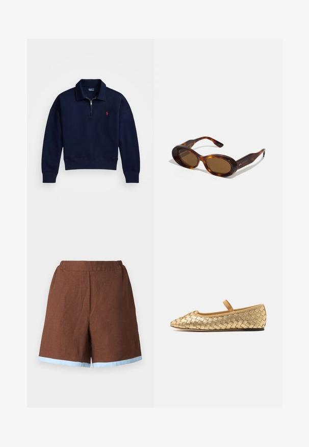 Námorný pulóver s štvrtinovým zipsom vyrobený z mäkkej bavlny, s rebrovaným golierom, manžetami a spodným lemom, s malým červeným logom na hrudníku.; Hnedé ľanové šortky s elastickým pásom, s svetlomodrým lemom. Dizajn je upravený s bočnými vreckami a priamej strihom.; Loeffler Randall LEONIE SOFT BALLET FLAT - Balerínky s remienkom okolo členku - gold; Slniečkovo hnedé slnečné okuliare s ovalnými šošovkami, zlatými akcentmi na rámčekoch. Hrubé rámy s lesklým povrchom a hladkou textúrou.; Hnedá kožená taška na rameno s guľatým tvarom, hladkým povrchom a dvojitými ramennými popruhmi. Obsahuje zlatý kovový detail v strede.; Zlatý kovový náramok s vlnitým dizajnom, s hladkými povrchmi a lesklou, odrážajúcou sa textúrou. Žiadne viditeľné vzory ani akcenty.