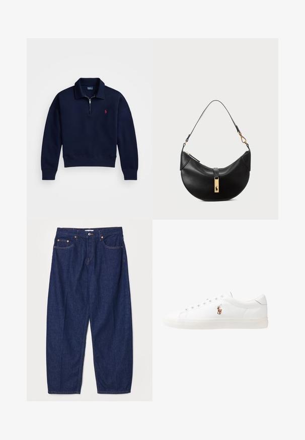 Navy quarter-zip pullover made of soft cotton, featuring a ribbed collar, cuffs, and hem, with a small red logo on the chest.; RE/DONE WIDE TAPER - Relaxed fit jeans - deadstock like; White leather sneakers, low-top design, featuring a smooth texture, round toe, laced front, and a small embroidered logo on the side.; Black leather handbag in a half-moon shape. Features a gold hardware accent and a narrow strap. Smooth texture, zipper closure at the top.