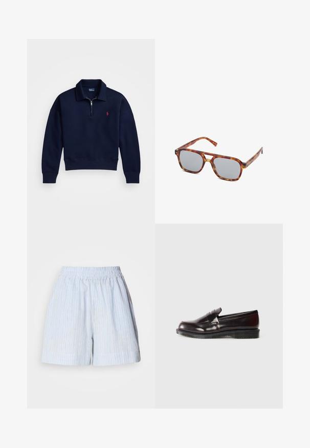Pull-over bleu marine à fermeture éclair quart, fabriqué en coton doux, avec un col, des poignets et un ourlet côtelés, doté d'un petit logo rouge sur la poitrine.; Shorts bleu clair avec des rayures verticales blanches et bleu foncé. Dotés d'une taille élastique et d'une coupe décontractée. Fabriqués en un matériau doux.; Mocassins en cuir bordeaux avec une surface lisse, un détail de couture surélevé et une semelle en caoutchouc. Conçus avec un bout arrondi et un matériel minimal.; Lunettes de soleil en plastique avec un motif écaille de tortue, lentilles grises rectangulaires et branches fines. Présentent un design minimaliste avec un découpement au niveau du pont.; Sac fourre-tout en cuir marron avec une forme arrondie, texture lisse et deux poignées. Présente un accent en métal doré au centre.; Bracelet en métal de couleur dorée avec un design ondulé, présentant des surfaces lisses et une texture brillante et réfléchissante. Pas de motifs ou d'accents visibles.