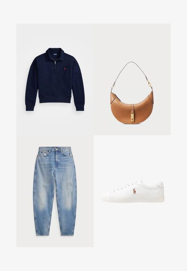 Navy quarter-zip pullover made of soft cotton, featuring a ribbed collar, cuffs, and hem, with a small red logo on the chest.; Light blue high-waist jeans with a tapered leg, front and back pockets, slight distressing near front pockets, and button closure.; White leather sneakers, low-top design, featuring a smooth texture, round toe, laced front, and a small embroidered logo on the side.; Tan leather handbag with a curved shape, gold hardware, and a thin shoulder strap. Features a zipper closure and logo detail on the front.