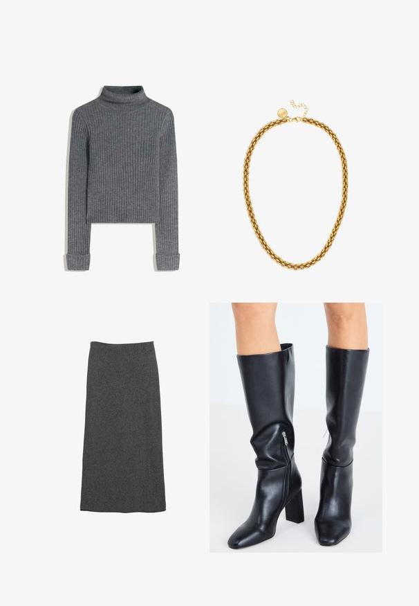 Grå ribbede turtleneck sweater med lange ærmer, der har et cropped design og foldede manchetter. Fremstillet af et blødt strikmateriale.; Grå uld maxi-skjørt med lige pasform og elastisk talje, der har en blød tekstur og en glat overflade. Ingen synlige mønstre eller detaljer.; Steve Madden SPEEDWAY - Høje støvler/ Støvler - black; Guld kæde halskæde med sammenflettede ovale led, en struktureret overflade og en lås med en lille rund accent samt forlængerkæde.