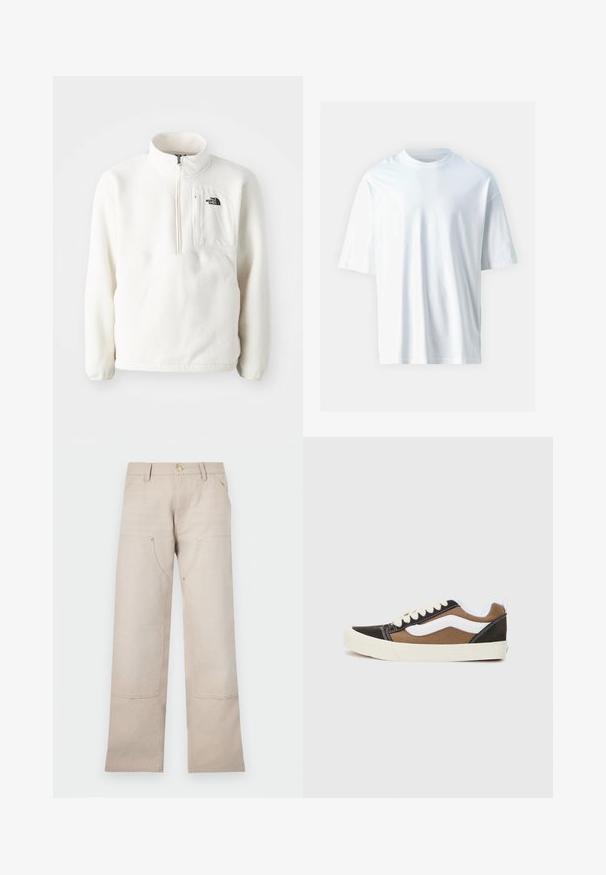 Bijeli flis pulover s patentnim zatvaračem na vratu, s prednjim džepom i logotipom na prsima. Mekana tekstura s opuštenim krojem.; Bijela kratkosjećana majica od mekanog pamuka. Ima okrugli izrez, opuštene je siluete i glatku teksturu. Nema vidljivih uzoraka ili naglasaka.; Bež pamuk hlače ravnog kroja, s dva prednja džepa i dva zip zatvarača. Istaknuti zlatni detalji.; Crne i smeđe tenisice s bijelim akcentima, platneni materijal, niska dizajn, okrugli vrh i bež gumeni đon. Sadrže kontrastne šavove.