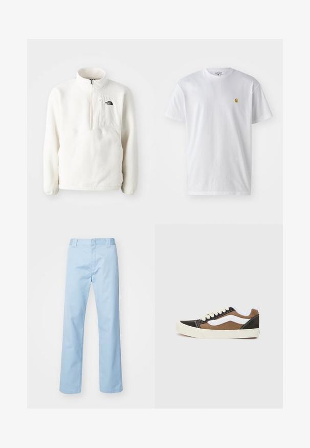 Hvit fleece genser med glidelås i halsen, har en frontlomme og en logo på brystet. Myk tekstur med en avslappet passform.; Hvit bomull t-skjorte med korte ermer, rund hals, med en liten gulllogo på venstre brystområde. Myk tekstur og vanlig passform.; Lys blå rettbukser laget av bomullsmateriale. Har flat front og linning, sidelommer, og ingen synlige mønstre eller pynt.; Svarte og brune joggesko med hvite detaljer, lerretmateriale, lavt design, rund tå og beige gummisåle. Har kontrasterende sømmer.