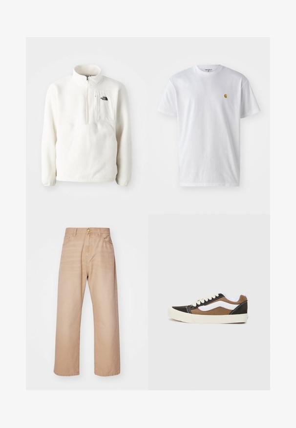 Hvit fleece genser med glidelås i halsen, har en frontlomme og en logo på brystet. Myk tekstur med en avslappet passform.; Hvit bomull t-skjorte med korte ermer, rund hals, med en liten gulllogo på venstre brystområde. Myk tekstur og vanlig passform.; Beige vide benbukser med høy midje, fem lommer og metallknapp. Laget av denim med en glatt tekstur.; Svarte og brune joggesko med hvite detaljer, lerretmateriale, lavt design, rund tå og beige gummisåle. Har kontrasterende sømmer.