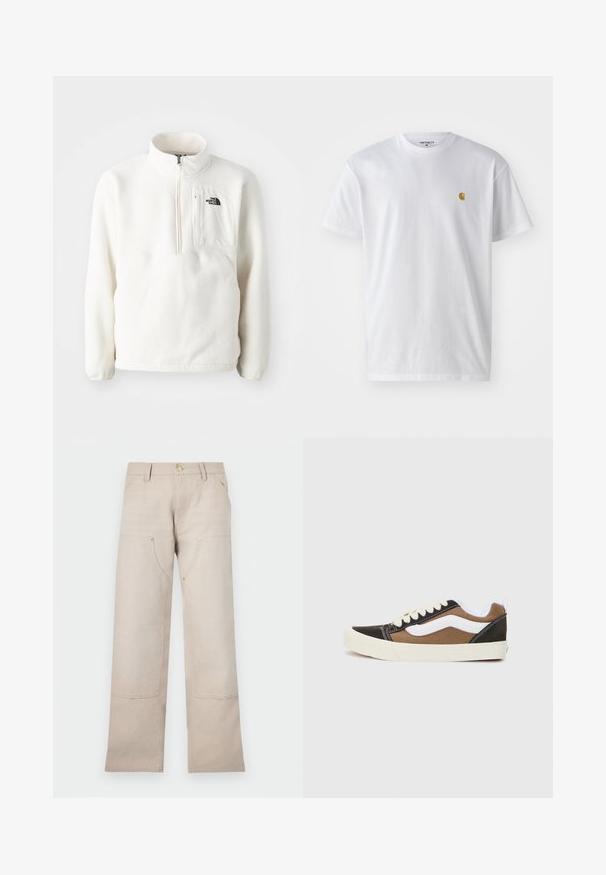 Bela flis pulover z zadrgo na vratu, ima sprednji žep in logo na prsih. Mehka tekstura z udobnim prileganjem.; Bela bombažna majica s kratkimi rokavi, krožnim ovratnikom, z majhnim zlatim logotipom na levem prsnem predelu. Mehka tekstura in običajen kroj.; Bež hlače iz bombaža s ravnim krojem, ki imajo dva sprednja žepa in dva zadrževalna okrasna dodatka. Izpostavljeni so zlati dodatki.; Črne in rjave teniske z belimi poudarki, platneni material, nizka zasnova, okrogla prstna konica in bež gumijast podplat. Imajo kontrastne šive.