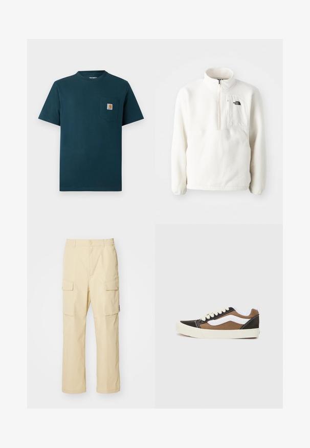 Bílý fleecový pulovr se zipem u krku, má přední kapsu a logo na prsou. Měkká textura s uvolněným střihem.; Tmavě modré tričko s krátkým rukávem a kulatým výstřihem, které má na přední straně kapsu na hrudi a malou nášivku s logem Carhartt.; Béžové cargo kalhoty vyrobené z látky s elastickým pasem a zapínáním na knoflík. Obsahují dvě boční kapsy a mají jednoduchý design.; Černé a hnědé tenisky s bílými akcenty, plátěný materiál, nízký design, kulatý špička a béžová gumová podrážka. Obsahují kontrastní švy.