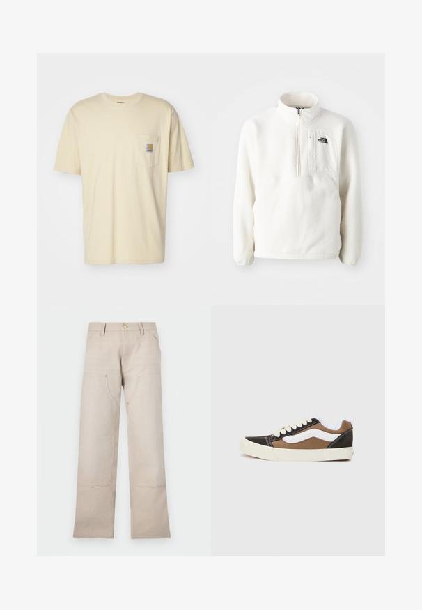 Bílý fleecový pulovr se zipem u krku, má přední kapsu a logo na prsou. Měkká textura s uvolněným střihem.; Carhartt WIP POCKET - Jednoduché tričko - cornsilk; Beige bavlněné kalhoty se střihovanými nohavicemi, které mají dvě přední kapsy a dva zipové detaily. Zlaté kovové prvky. ; Černé a hnědé tenisky s bílými akcenty, plátěný materiál, nízký design, kulatý špička a béžová gumová podrážka. Obsahují kontrastní švy.