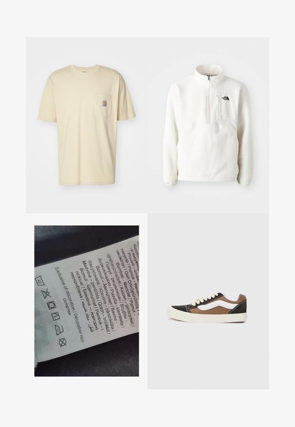 Biely fleecový pulóver so zipsom na krku, predný vrecko a logo na hrudi. Mäkká textura s voľným strihom.; Carhartt WIP POCKET - Základné tričko - cornsilk; Štítok s viacjazyčným textom, symbolmi starostlivosti a ikonami recyklácie, vytlačený na jemnom textilnom materiáli svetlej farby.; Čierne a hnedé tenisky s bielymi akcentmi, z plátna, nízkoprofilový dizajn, okrúhla špička a béžová gumená podrážka. Obsahujú kontrastné šitie.