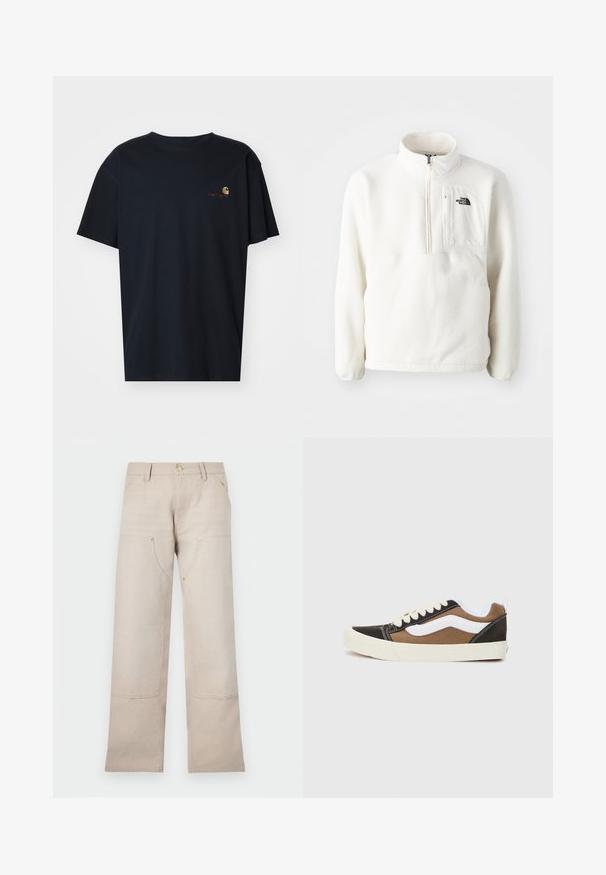 Bela flis pulover z zadrgo na vratu, ima sprednji žep in logo na prsih. Mehka tekstura z udobnim prileganjem.; Carhartt WIP AMERICAN SCRIPT - Navadna majica - air force blue; Bež hlače iz bombaža s ravnim krojem, ki imajo dva sprednja žepa in dva zadrževalna okrasna dodatka. Izpostavljeni so zlati dodatki.; Črne in rjave teniske z belimi poudarki, platneni material, nizka zasnova, okrogla prstna konica in bež gumijast podplat. Imajo kontrastne šive.
