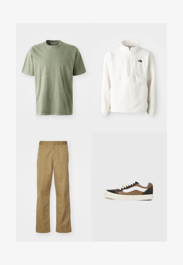 Vit fleece-puller med dragkedja, har en framficka och en logo på bröstet. Mjuk textur med en avslappnad passform.; Olivgrön bomullströja med korta ärmar, rund halsringning och en subtil textur. Har en liten logotag på sidan.; Khaki chinos med rak bendesign, tillverkade av mjukt bomullstyg. Har en framknäppning och sidofickor.; Svart och bruna sneakers med vita accenter, i kanvasmaterial, låg modell, rund tå och beige gummisulor. Har kontrasterande sömmar.