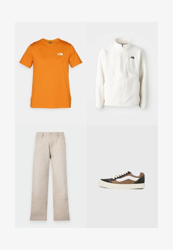 Biely fleecový pulóver so zipsom na krku, predný vrecko a logo na hrudi. Mäkká textura s voľným strihom.; Oranžové tričko s krátkymi rukávmi vyrobené z bavlny, s malým bielym logom na ľavej hrudi. Okrúhly výstrih a rovný spodný lem.; Béžové bavlnené nohavice so strihom rovný nohavíc, s dvoma prednými vreckami a dvoma zipsovými detailmi. Zlato-tonové kovanie.; Čierne a hnedé tenisky s bielymi akcentmi, z plátna, nízkoprofilový dizajn, okrúhla špička a béžová gumená podrážka. Obsahujú kontrastné šitie.