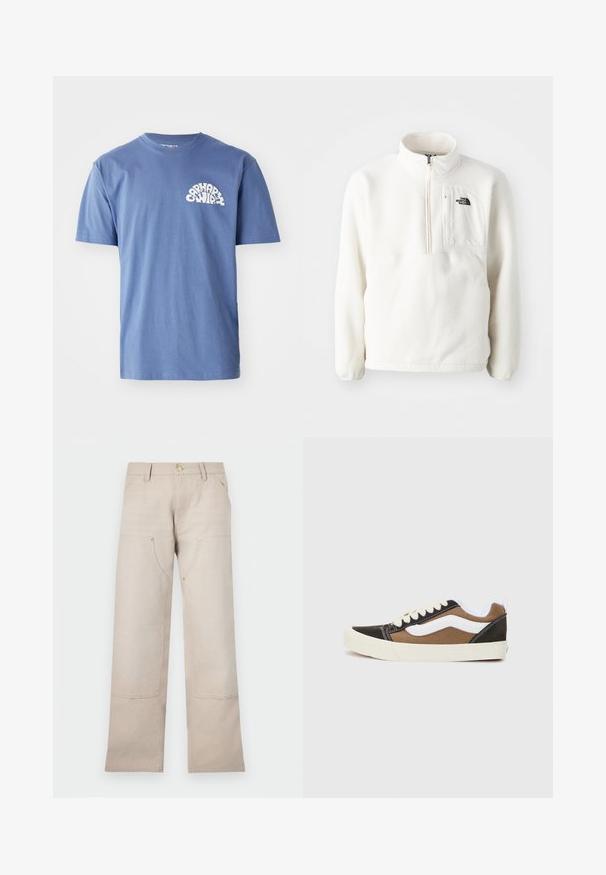 Balts vilnas džemperis ar rāvējslēdzēja apkakli, ar priekšējo kabatu un logotipu uz krūtīm. Mīksta tekstūra un brīva piegriezuma.; Zila kokvilnas t-krekls ar apaļu baltu grafisko attēlu kreisajā krūtī. Standarta apaļa kakla izgriezums, īsas piedurknes un brīva piegriezuma forma.; Svītrainie kokvilnas bikses ar taisnu kāju dizainu, ar divām priekšējām kabatām un diviem ar rāvējslēdzēju akcentiem. Izcelti zelta toņa aksesuāri.; Melnās un brūnās kedas ar baltajiem akcentiem, auduma materiāls, zema dizaina, apaļa purngala un bežīga gumijas zole. Iezīmē kontrastējoša izšūšana.