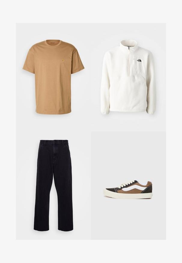 White fleece pullover with a zip neck, features a front pocket, and a logo on the chest. Soft texture with a relaxed fit.; Carhartt WIP CHASE - Basic T-shirt - peanut/gold; Black denim trousers with a straight leg design, featuring a button and zip closure, belt loops, and minimal stitching details.; Black and brown sneakers with white accents, canvas material, low-top design, round toe, and beige rubber sole. Features contrasting stitching.