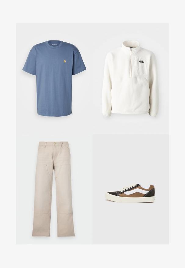 White fleece pullover with a zip neck, features a front pocket, and a logo on the chest. Soft texture with a relaxed fit.; Carhartt WIP CHASE - Basic T-shirt - positano/gold; Beige cotton pants with a straight-leg design, featuring two front pockets and two zippered accents. Gold-tone hardware highlights.; Black and brown sneakers with white accents, canvas material, low-top design, round toe, and beige rubber sole. Features contrasting stitching.