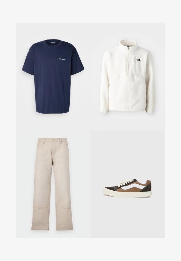 Fehér bolyhos pulóver cipzáros nyakkal, elülső zsebbel és logóval a mellkason. Puha tapintású, laza szabású.; Carhartt WIP SCRIPT EMBROIDERY - Basic póló - air force blue/white; Beige színű pamut nadrág egyenes szabással, két elülső zsebbel és két cipzáros díszítéssel. Arany színű fém részletek.; Fekete és barna tornacipők fehér részletekkel, vászon anyagból, alacsony szárú kialakítással, kerek orral és bézs gumi talppal. Kontrasztos varrással rendelkezik.