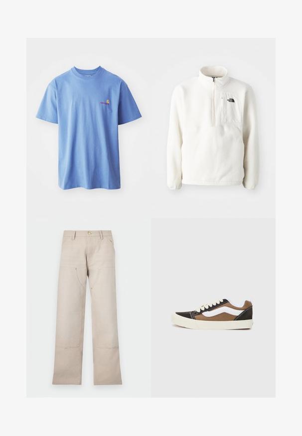Pull en polaire blanche avec un col zippé, doté d'une poche avant et d'un logo sur la poitrine. Texture douce avec une coupe décontractée.; T-shirt en coton bleu clair à manches courtes et encolure ronde. Présente un petit logo orange et rouge sur la poitrine gauche.; Pantalons en coton beige au design droit, avec deux poches avant et deux accents zippés. Quincaillerie en ton doré.; Baskets noires et marron avec des accents blancs, en toile, design basse, bout rond et semelle en caoutchouc beige. Présente des coutures contrastantes.