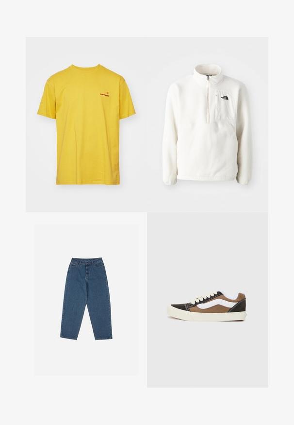 Pullover de felpo branco com gola de fecho, apresenta um bolso frontal e um logotipo no peito. Textura suave com um corte descontraído.; T-shirt de algodão amarelo com mangas curtas, gola redonda e um pequeno logótipo vermelho no lado esquerdo do peito. Textura suave, design casual.; Calças de ganga azul com um corte descontraído, cintura alta, design de cinco bolsos e detalhes em costura. Apresenta um fecho com botão e zíper.; Sapatilhas pretas e castanhas com acentos brancos, material de lona, design de cano baixo, bico redondo e sola de borracha bege. Apresenta costuras contrastantes.