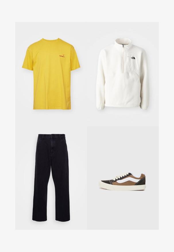 Pullover bianco in pile con collo a zip, dotato di una tasca frontale e di un logo sul petto. Morbido al tatto e con una vestibilità comoda.; T-shirt di cotone gialla con maniche corte, colletto rotondo e un piccolo logo rosso sul petto sinistro. Tessuto morbido, design informale.; Pantaloni in denim nero con design a gamba dritta, dotati di chiusura con bottone e zip, passanti per cintura e dettagli di cucitura minimi.; Sneaker nere e marroni con accenti bianchi, materiale in tela, design low-top, punta rotonda e suola in gomma beige. Presentano cuciture a contrasto.