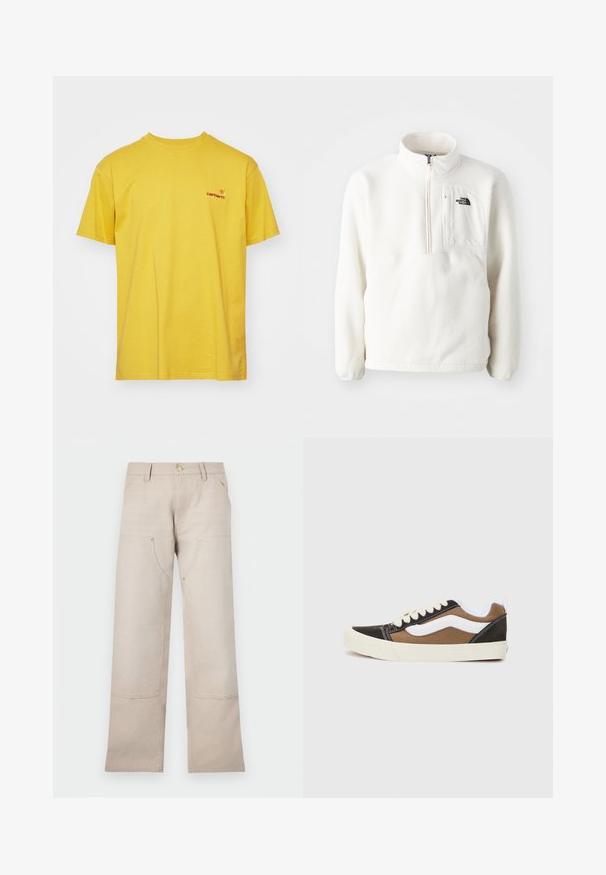 Hvid fleece-pullover med lynlås ved halsen, har en frontlomme og et logo på brystet. Blød tekstur med afslappet pasform.; Gul bomulds T-shirt med korte ærmer, rund hals og et lille rødt logo på venstre bryst. Glat tekstur, afslappet design.; Beige bomuldsbukser med lige ben-design, der har to forlommer og to lynlåse detaljer. Guldfarvet hardware fremhæver.; Sorte og brune sneakers med hvide accenter, i canvas-materiale, lav-top design, rund tå og beige gummisål. Har kontrasterende syninger.