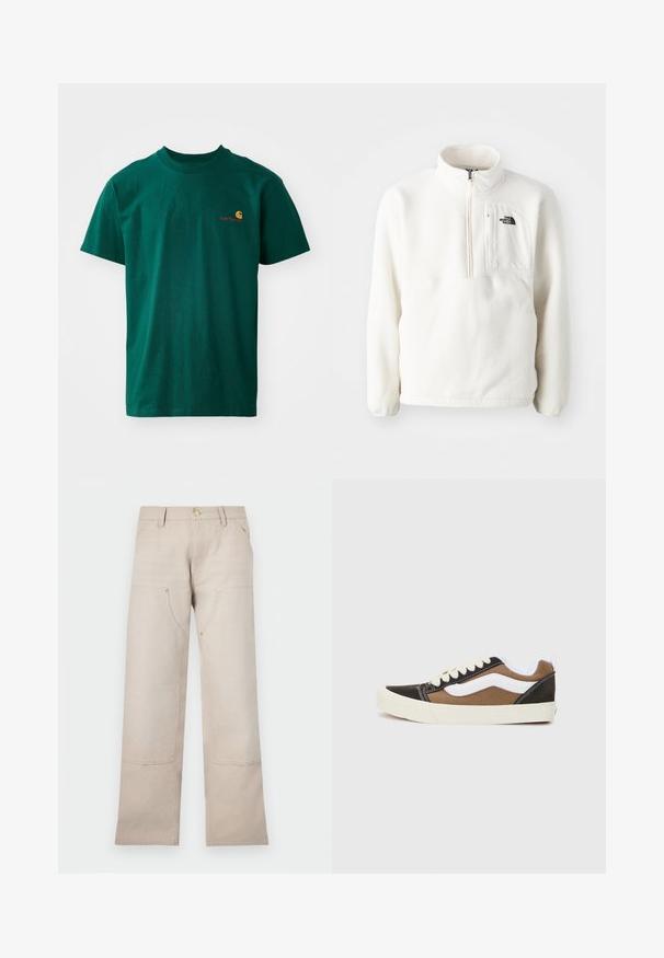 Pullover bianco in pile con collo a zip, dotato di una tasca frontale e di un logo sul petto. Morbido al tatto e con una vestibilità comoda.; T-shirt in cotone verde con scollatura rotonda e maniche corte. Presenta un piccolo logo a contrasto in arancione e rosso sul lato sinistro del petto.; Pantaloni in cotone beige con design a gamba dritta, dotati di due tasche frontali e due dettagli con cerniera. Hardware in tonalità oro in evidenza.; Sneaker nere e marroni con accenti bianchi, materiale in tela, design low-top, punta rotonda e suola in gomma beige. Presentano cuciture a contrasto.