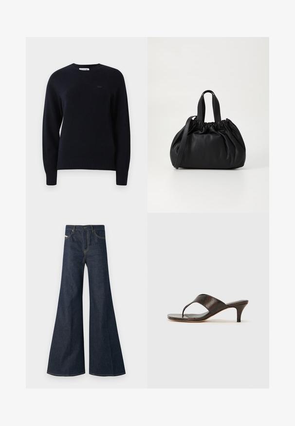 Pull noir à manches longues avec col rond, doté de poignets et d'un ourlet côtelés, arborant un logo brodé subtil sur la poitrine gauche.; Jean flare bleu foncé en denim, avec taille haute, accents de surpiqûre dorée, et deux poches avant avec fermeture à bouton.; Sandales à talons en simili cuir serpent marron avec un design en tongs et un bout carré. Le talon mesure environ 5 cm de hauteur, avec une finition lisse.; Sac à main en cuir noir avec un design à haut froncé, doté de deux poignées courtes et d'une bandoulière longue et réglable. Texture lisse, forme arrondie.