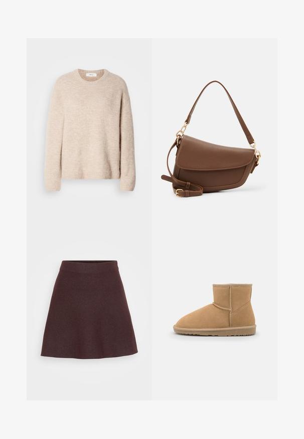 Suéter de punto beige con cuello redondo, mangas largas y dobladillo acanalado. Tejido suave y texturizado con un ajuste relajado.; Falda de punto burdeos con un diseño acampanado, cinturilla ancha y textura suave, que presenta un color sólido sin patrones ni acentos.; Botín de ante color marrón claro con punta redondeada y cuello acolchado, que presenta costuras contrastantes y una suela de goma texturizada.; Bolso de hombro de cuero marrón con acabado texturizado, forma curvada, herrajes en tono dorado, correa ajustable y cierre de solapa.