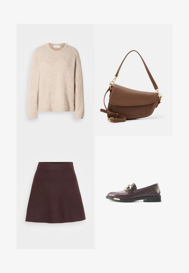 Beige knitted sweater with a crew neckline, long sleeves, and ribbed hem. Soft, textured fabric with a relaxed fit.; Burgundy knit skirt with a flared design, wide waistband, and smooth texture, featuring a solid color without patterns or accents.; Burgundy leather loafers with a textured crocodile pattern, featuring a gold-tone hardware accent and a low, black block heel.; Brown leather shoulder bag with a textured finish, curved shape, gold-tone hardware, adjustable strap, and flap closure.