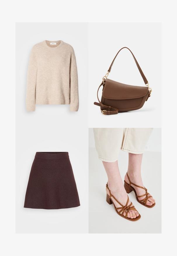 Beige strikket genser med rund hals, lange ermer og ribbestrikket kant. Mykt, teksturert stoff med en avslappet passform.; Burgunderfarget strikket skjørt med en utpreget design, bred midje og jevn tekstur, med ensfarget uten mønstre eller aksenter.; Brune stroppedes høyhælte sandaler med tykk hæl, med knyttede stropper og åpen tå-design. Teksturert såle og justerbar ankelstropp.; Brun skinnskulderveske med teksturfinish, buet form, gulltone-detaljer, justerbar stropp og klaffelukking.