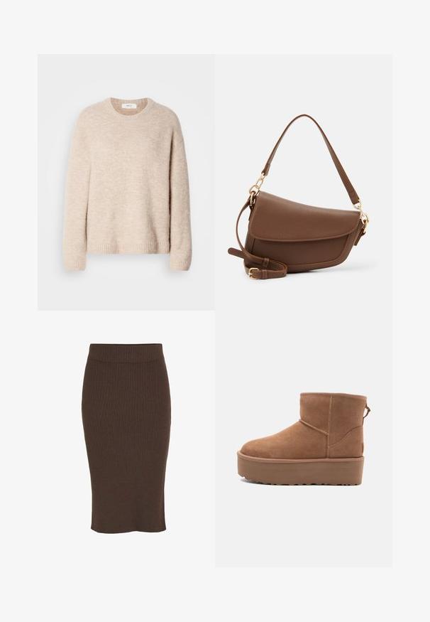 Beige Strickpullover mit Rundhalsausschnitt, langen Ärmeln und geripptem Saum. Weicher, strukturierter Stoff mit lässiger Passform.; VILA VIRIL NOOS - Bleistiftrock - coffee bean; Beige Wildleder-Ankle-Boot mit Plateausohle, abgerundetem Zehenbereich und abgesteppten Akzenten; verfügt über eine Zuglasche hinten für einfaches An- und Ausziehen.; Braune Lederschultertasche mit strukturiertem Finish, geschwungener Form, goldfarbenen Beschlägen, verstellbarem Schulterriemen und Klappenverschluss.