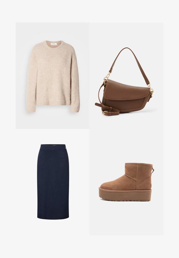 Beige gebreide trui met een ronde halslijn, lange mouwen en geribde zoom. Zacht, textuurstof met een relaxed fit.; Marineblauwe, knielange rok van zachte, rekbare stof. Heeft een soepele tailleband en een eenvoudig design zonder patronen of versieringen.; Tan suède enkellaars met een platformzool, ronde neus en stiksels; heeft een trekband aan de achterkant voor gemakkelijke instap.; Bruine leren schoudertas met een gestructureerde afwerking, gebogen vorm, hardware in goudkleur, verstelbare schouderband en klepafsluiting.